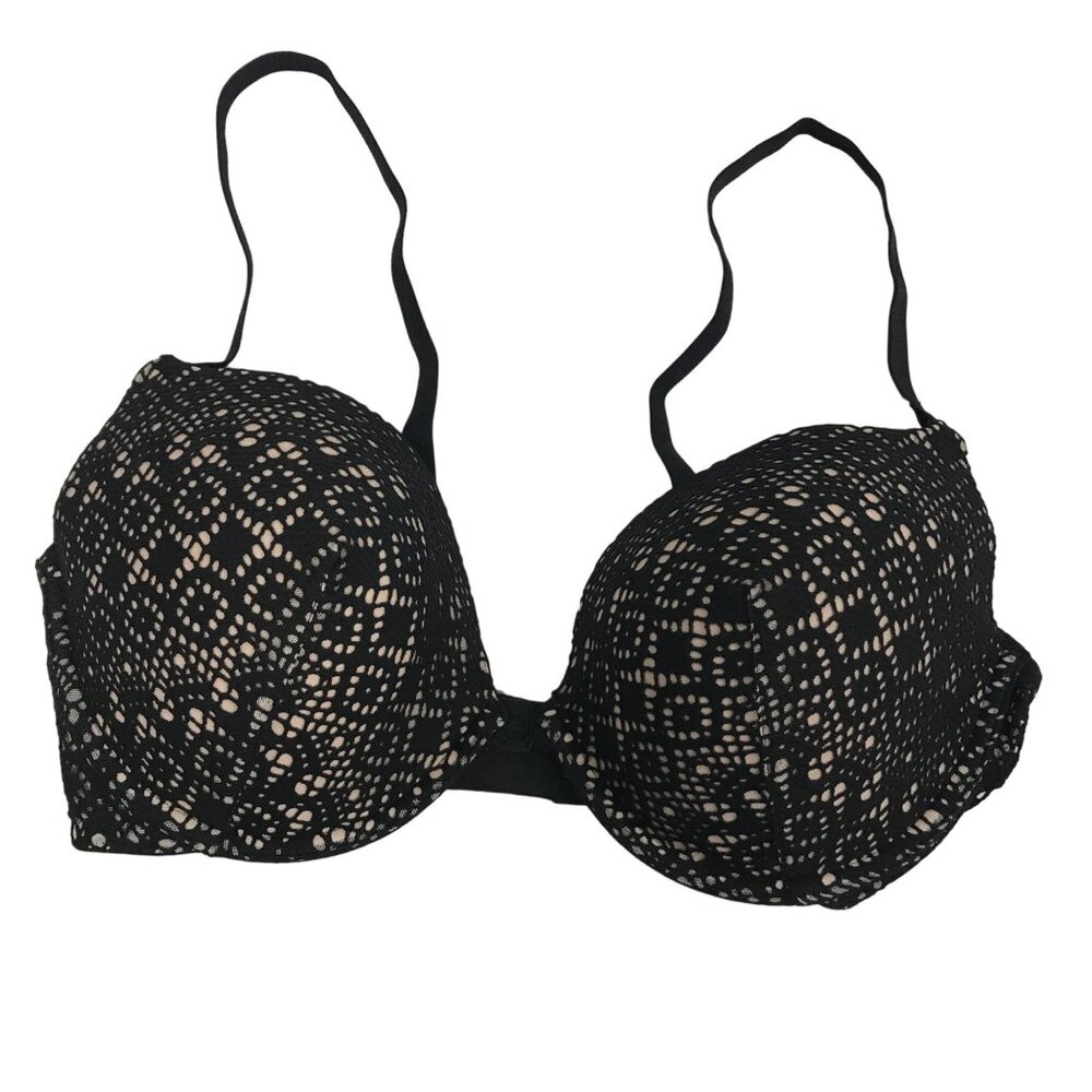 Victorias Secret 38D Push Up Bra Black Lace Overlay Convertible Adjustable Strap